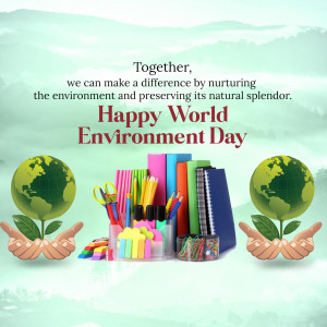 World Environment Day graphic with globes, hands, and school supplies