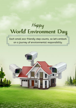 Illustration of a house with security cameras surrounded by greenery, celebrating World Environment Day.
