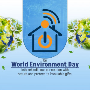 World Environment Day graphic with a house, signal waves, and floral elements.