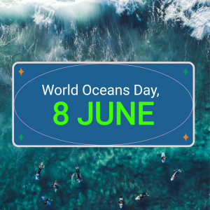 Aerial view of surfers with a World Oceans Day banner
