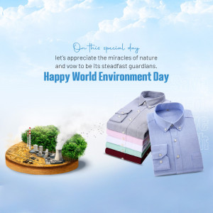 World Environment Day graphic with shirts and a miniature eco-friendly landscape.