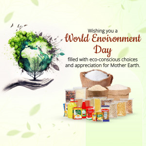 World Environment Day graphic with a globe made of leaves and eco-friendly products.