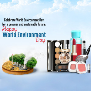World Environment Day graphic with cosmetics and a miniature landscape
