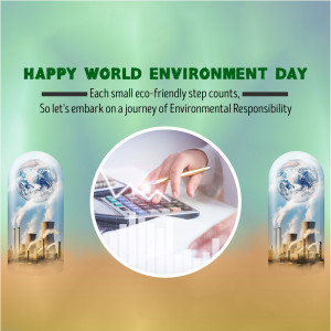 World Environment Day graphic with hands planting a tree and industrial pollution.