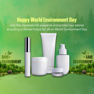 World Environment Day promotion featuring eco-friendly skincare products and a green landscape.