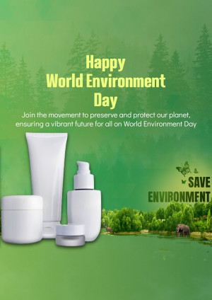 World Environment Day promotion featuring eco-friendly cosmetic products and a nature scene.