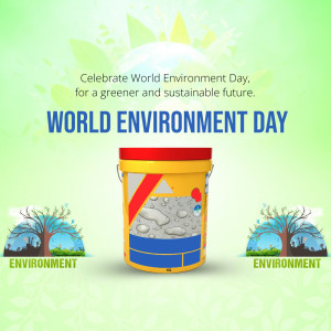 Image promoting World Environment Day with a paint bucket and green foliage.