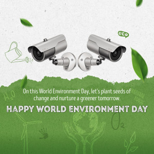 Security cameras surrounded by green leaves and environmental symbols for World Environment Day.