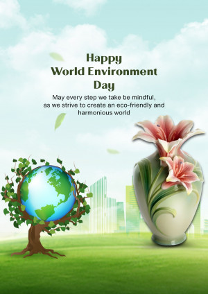 World Environment Day greeting with a globe-shaped tree and lilies