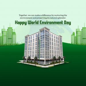 Illustration of a building surrounded by greenery with the text 'Happy World Environment Day'