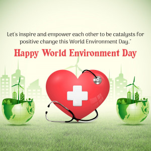 World Environment Day graphic with a heart and stethoscope over a globe and cityscape.