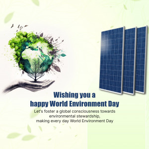 Image depicting a globe with a tree growing from it, held in hands, with solar panels in the background, celebrating World Environment Day.