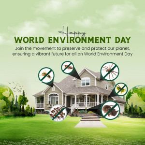 World Environment Day graphic with a house, insects, and globes.