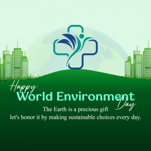 World Environment Day graphic with a globe, cityscape, and a leaf-shaped cross symbol.