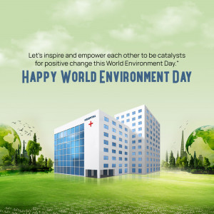 World Environment Day greeting with a hospital building surrounded by nature.