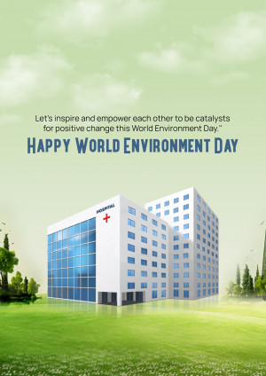 World Environment Day graphic featuring a hospital building and green landscape.