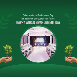 World Environment Day graphic with hands holding plants and a conference hall image.