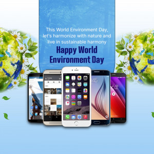 World Environment Day graphic with smartphones and floral elements.