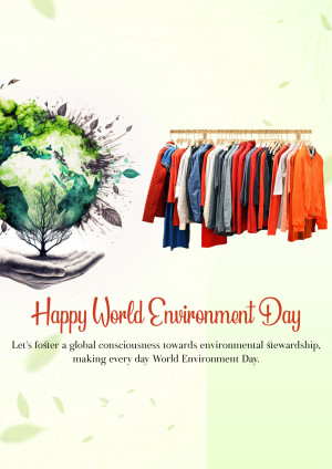 World Environment Day poster with clothes hanging on a rack and a globe formed by a tree in hands.