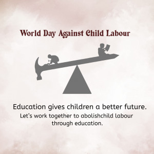 Illustration depicting the balance between education and child labor, with tools on one side and books on the other.