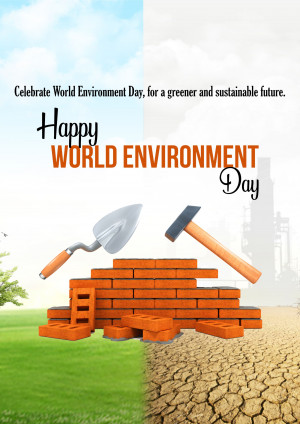 World Environment Day graphic with tools, bricks, and a split landscape representing environmental impact.