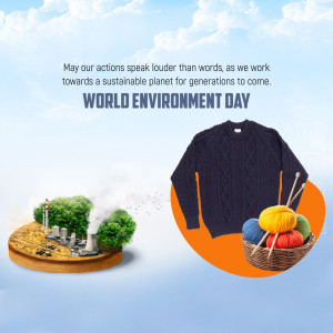 World Environment Day graphic featuring a sweater, knitting supplies, and a landscape representing environmental concerns.