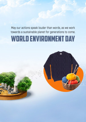 World Environment Day poster with imagery of nature, pollution, and sustainable clothing.