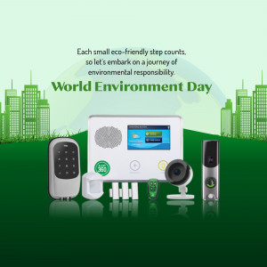 World Environment Day promotion featuring smart home security devices on a green background.