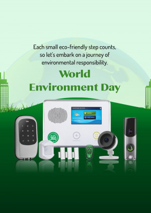 World Environment Day promotion featuring smart home security devices on a green background with a globe.