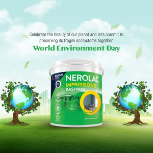 World Environment Day promotional image featuring Nerolac Impressions Kashmir paint can and globes.