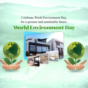 World Environment Day graphic with globes and sustainable building imagery