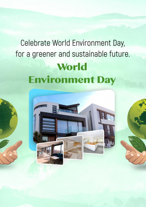 World Environment Day graphic with green leaves and a sustainable building