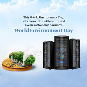 World Environment Day graphic with servers and a small island representing nature.