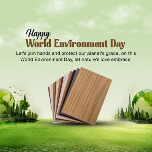 World Environment Day graphic with wood samples and a green landscape.