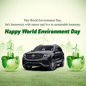 World Environment Day graphic with a car and eco-friendly elements.