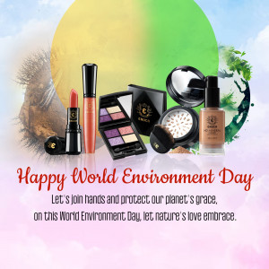 Emica cosmetics products with a nature-themed background for World Environment Day.