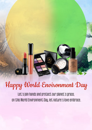 Cosmetic products arranged with a nature-themed background for World Environment Day.