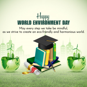 World Environment Day graphic with graduation cap on books and a green cityscape.