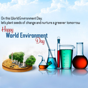 World Environment Day graphic with plants, lab equipment, and a message about a greener tomorrow.