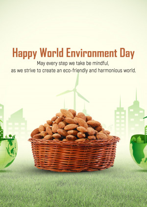 World Environment Day greeting with nuts in a basket and eco-friendly imagery.