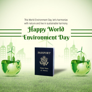 World Environment Day graphic with a globe, passport, and cityscape.