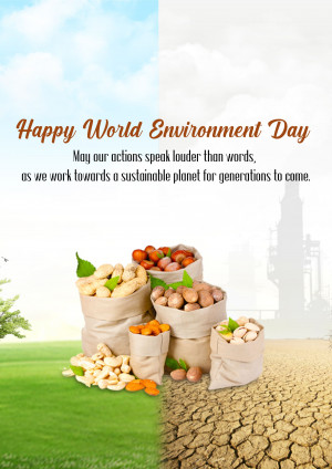 World Environment Day graphic with fruits and vegetables in sacks, split between lush green and arid land.