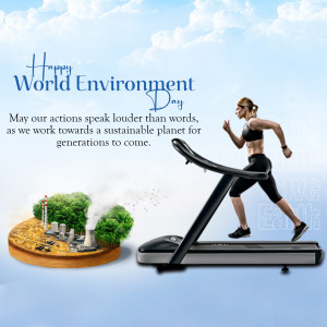 World Environment Day graphic with a woman running on a treadmill over a landscape representing environmental concerns.
