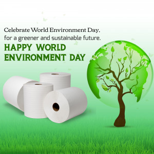 World Environment Day celebration with a globe shaped like a tree and paper rolls