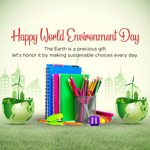 World Environment Day graphic with books, stationery, and globes.