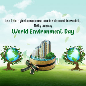 World Environment Day graphic with globes, trees, and a cityscape.