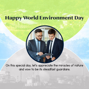 World Environment Day graphic featuring two business professionals discussing a tablet against a green and blue background.