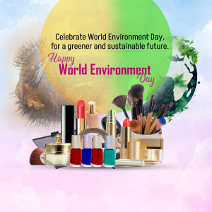 World Environment Day graphic with beauty products and nature elements.
