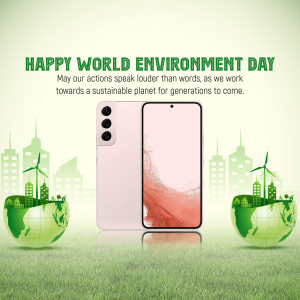 Image depicting World Environment Day with a Samsung phone and eco-friendly elements.