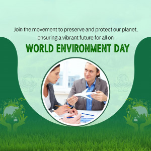Image promoting World Environment Day with people discussing a paper airplane.